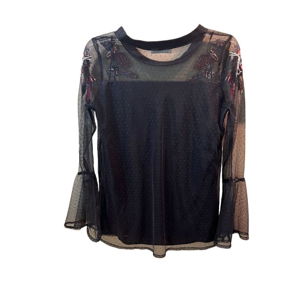 Paradiso Women's Floral Embroidered Mesh Top Black S Bell Sleeves - Picture 8 of 8